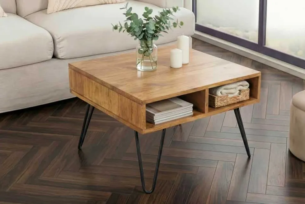 Massiver Couchtisch SCORPION 60cm braun honey finish Mangoholz mit Hairpin Legs