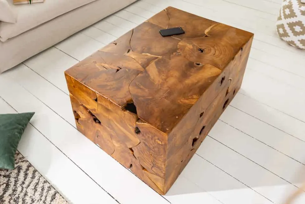 Massiver Couchtisch SQUARE 90cm Teakholz Würfel Handarbeit