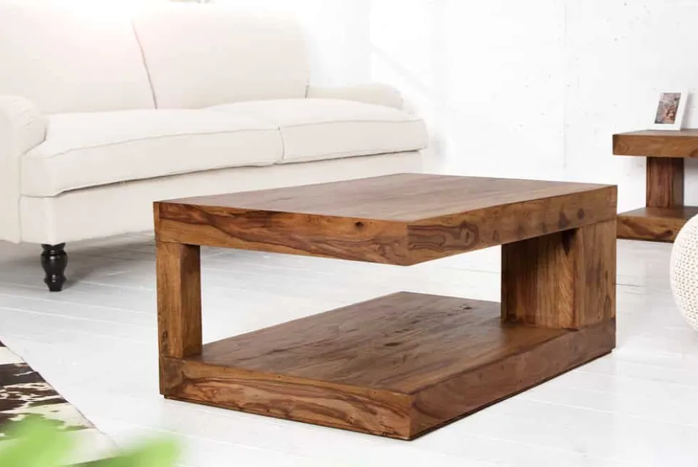 Massiver Edelholz Couchtisch GIANT L 90cm braun Sheesham stone finish mit Ablage