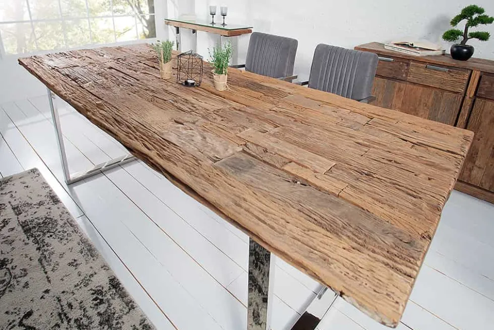 Massiver Esstisch BARRACUDA 200cm antik Teak Holz mit Stahl Kufenfüßen inkl. Glasplatte