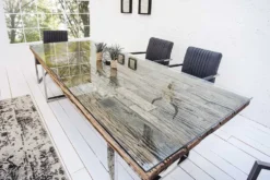 Massiver Esstisch BARRACUDA 200cm antik Teak Holz mit Stahl Kufenfüßen inkl. Glasplatte