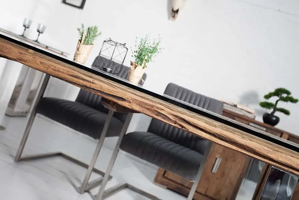 Massiver Esstisch BARRACUDA 200cm antik Teak Holz mit Stahl Kufenfüßen inkl. Glasplatte