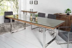 Massiver Esstisch BARRACUDA 240cm antik Teak Holz mit Stahl Kufenfüßen inkl. Glasplatte