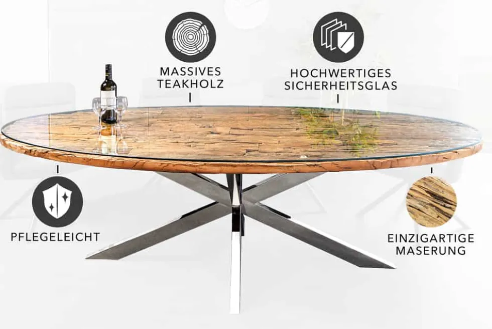 Massiver Esstisch BARRACUDA 220cm braun Teakholz silber Sterngestell Glasplatte