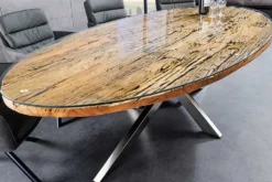 Massiver Esstisch BARRACUDA 220cm braun Teakholz silber Sterngestell Glasplatte