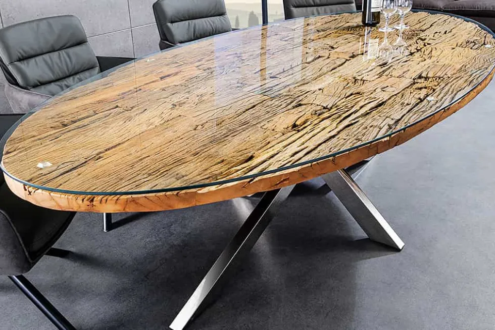 Massiver Esstisch BARRACUDA 220cm braun Teakholz silber Sterngestell Glasplatte
