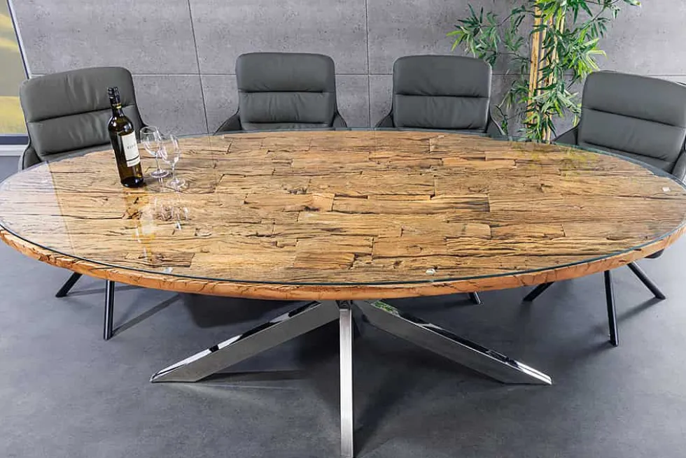 Massiver Esstisch BARRACUDA 220cm braun Teakholz silber Sterngestell Glasplatte