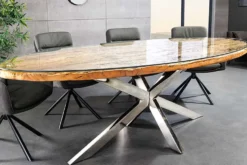 Massiver Esstisch BARRACUDA 220cm braun Teakholz silber Sterngestell Glasplatte