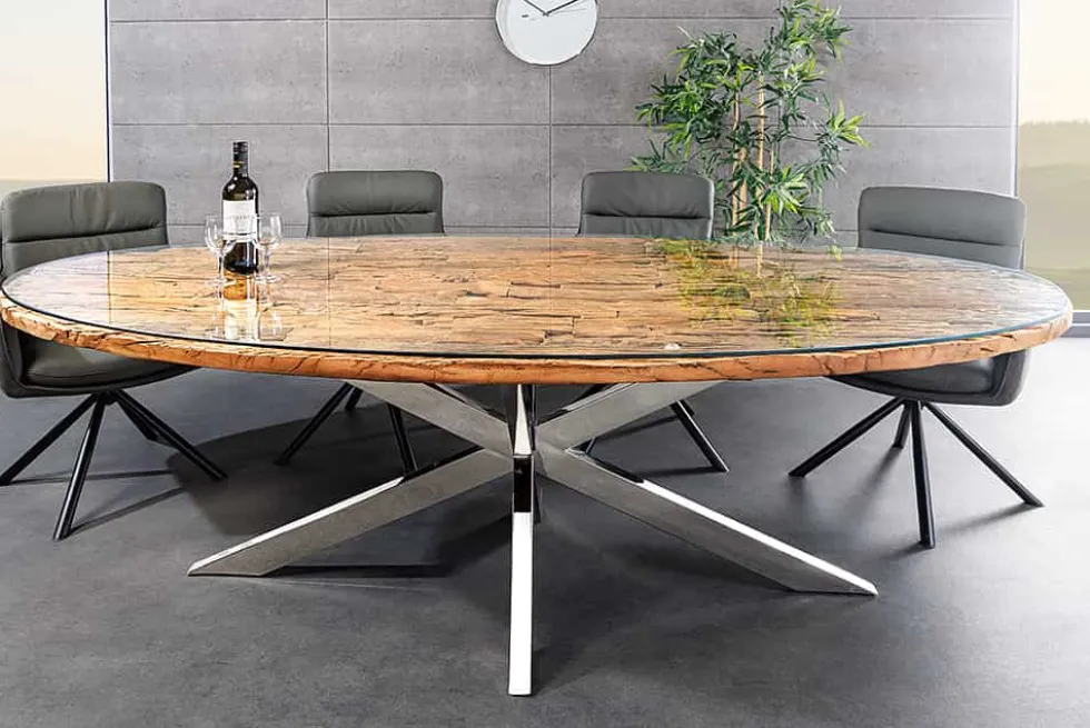 Massiver Esstisch BARRACUDA 220cm braun Teakholz silber Sterngestell Glasplatte