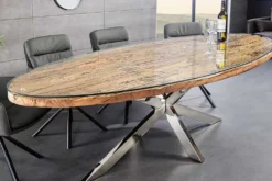 Massiver Esstisch BARRACUDA 220cm braun Teakholz silber Sterngestell Glasplatte