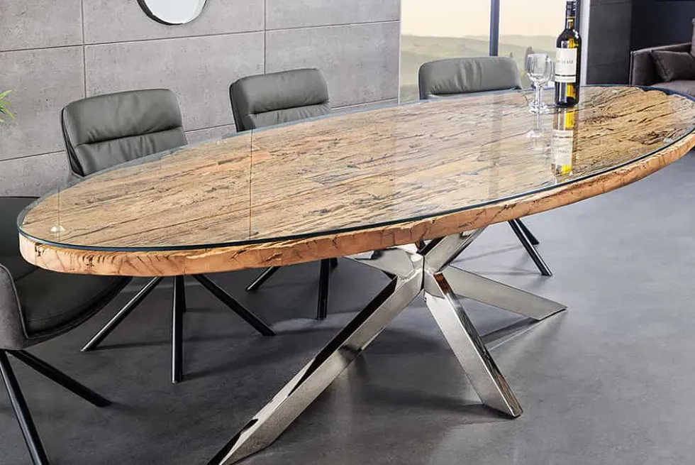 Massiver Esstisch BARRACUDA 220cm braun Teakholz silber Sterngestell Glasplatte