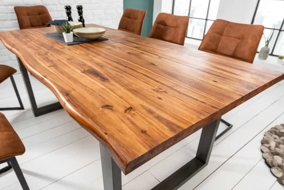Massiver Esstisch GENESIS 200cm braun Akazienholz Baumkante Eisengestell Industrial