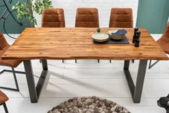 Massiver Esstisch GENESIS 160cm braun Akazienholz Baumkante Eisengestell Industrial