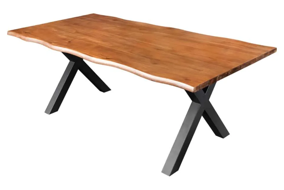 Massiver Esstisch GENESIS 160cm braun Akazienholz schwarz X-Gestell Baumkante