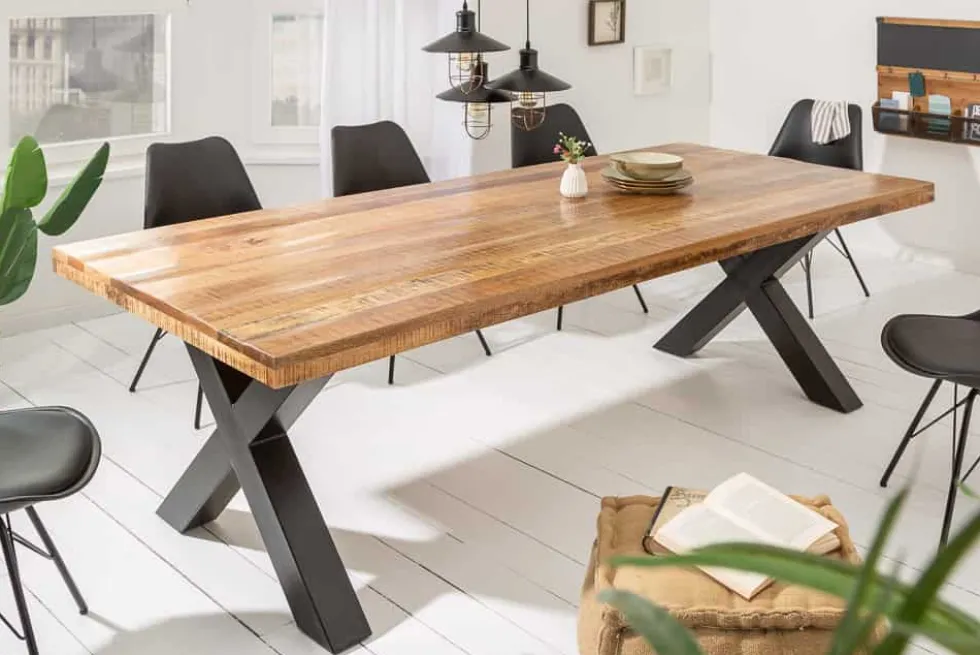 Massiver Esstisch IRON CRAFT 240cm natur Mangoholz Industrial Design X-Gestell schwarz Metall