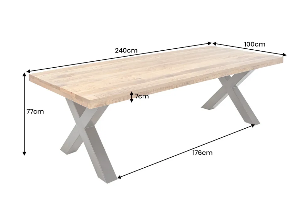 Massiver Esstisch IRON CRAFT 240cm natur Mangoholz Industrial Design X-Gestell schwarz Metall