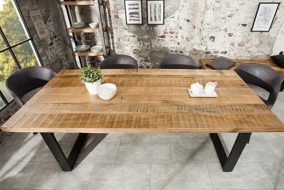 Massiver Esstisch IRON CRAFT 160cm natur Mangoholz Eisen Kufengestell Industrial Design