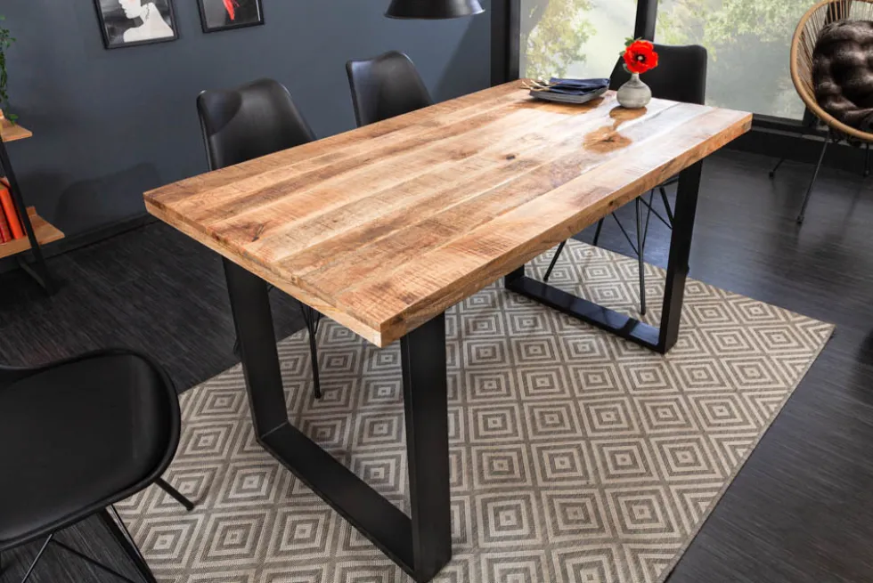 Massiver Esstisch IRON CRAFT 140cm Mangoholz schwarzes Eisengestell Kufe Industrial Design
