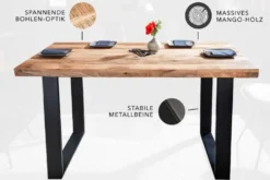 Massiver Esstisch IRON CRAFT 140cm Mangoholz schwarzes Eisengestell Kufe Industrial Design