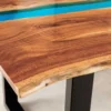 Massiver Esstisch LIQUID 160cm braun Akazienholz Baumkante schwarz Eisen blau