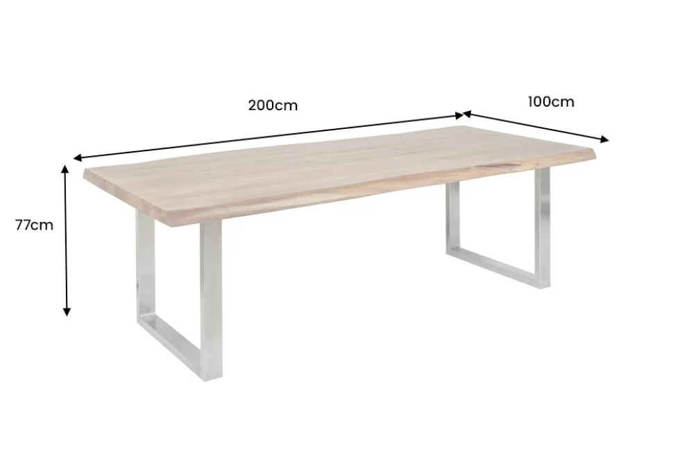 Massiver Esstisch MAMMUT 200cm Akazie U-Gestell Edelstahl Baumkante 5cm Tischplatte