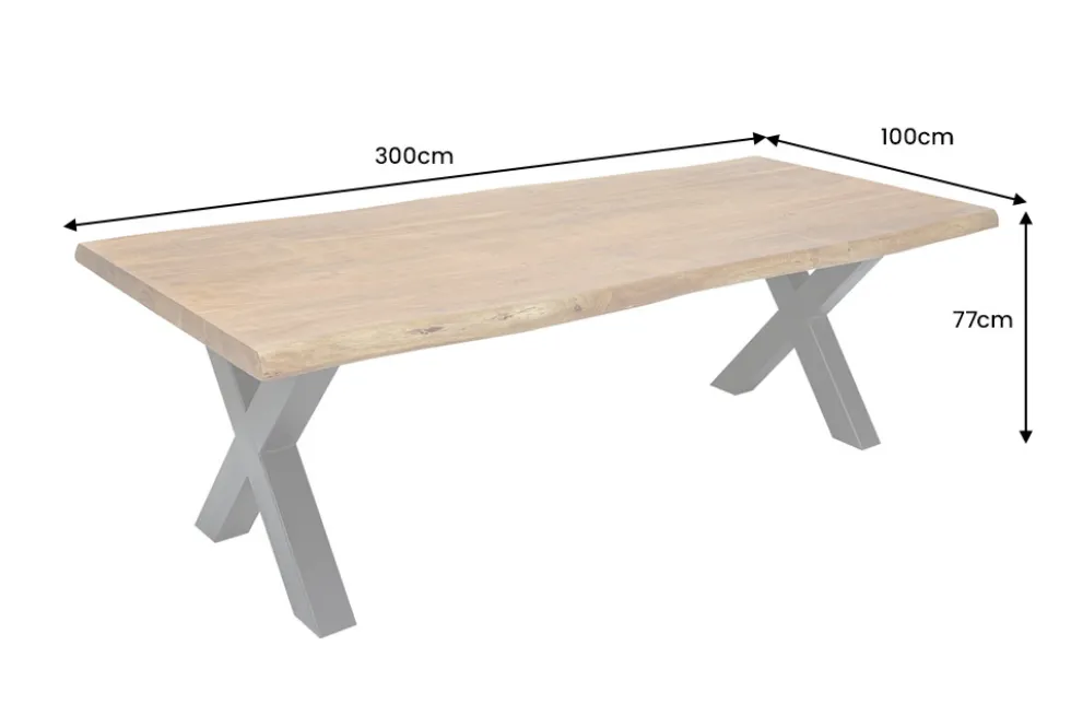 Massiver Esstisch MAMMUT 300cm natur Akazie schwarz Metall Baumkante 5cm Tischplatte