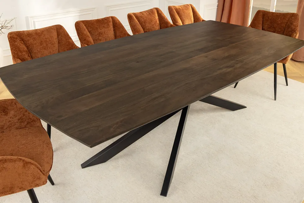 Massiver Esstisch SIGNUM 220cm dunkelbraun Mangoholz Bootsform Sterngestell