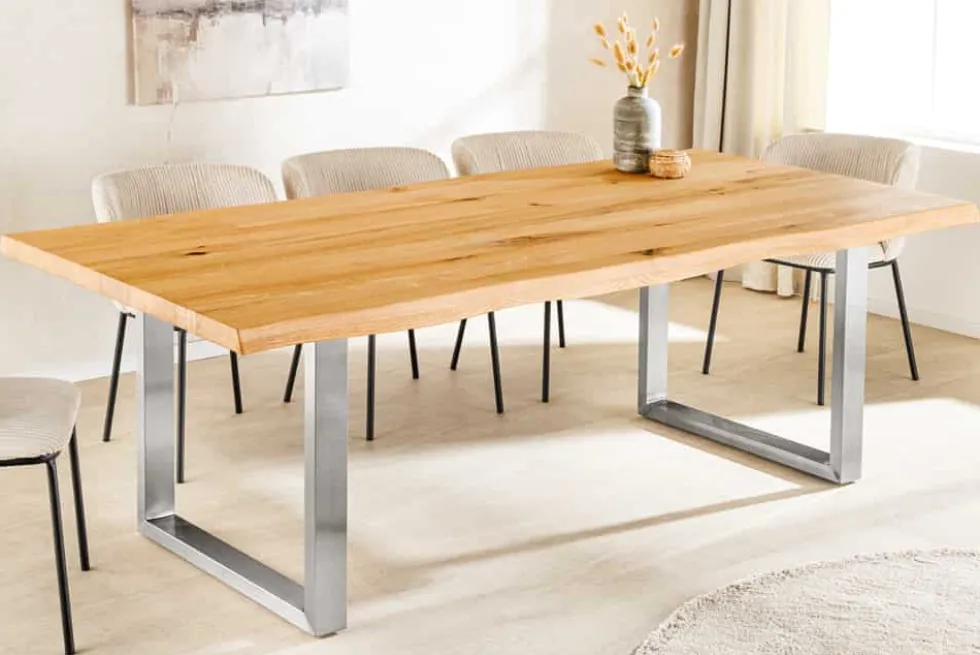 Massiver Esstisch WILD OAK 160cm natur silber Wildeiche Baumkante Edelstahl U-Gestell