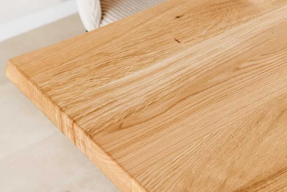 Massiver Esstisch WILD OAK 160cm natur silber Wildeiche Baumkante Edelstahl U-Gestell