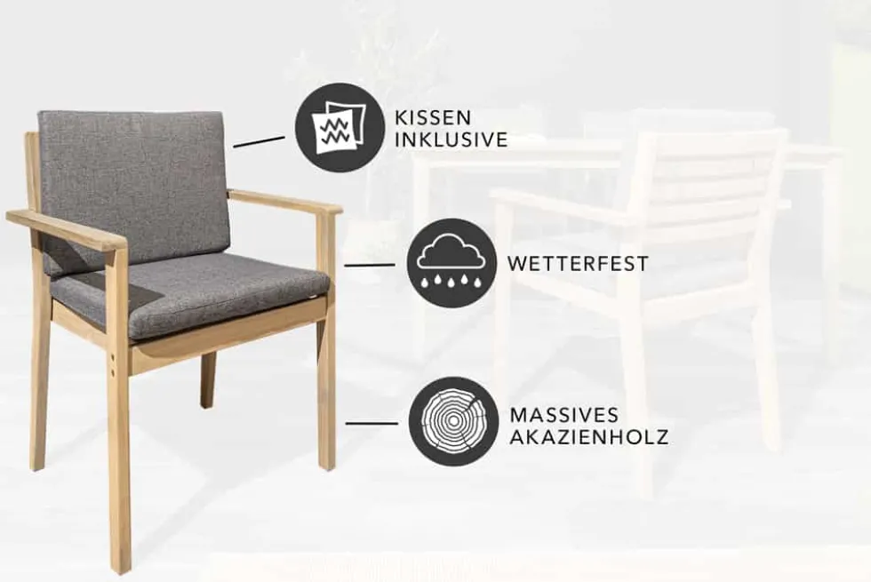 Massiver Gartenstuhl KOPENHAGEN natur Akazienholz anthrazit In- und Outdoor inkl. Kissen