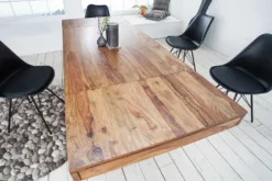 Massiver Holz Esstisch PURE 120-200cm braun Sheesham stone finish mit Ansteckplatten
