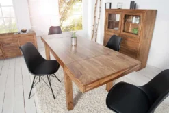Massiver Holz Esstisch PURE 120-200cm braun Sheesham stone finish mit Ansteckplatten
