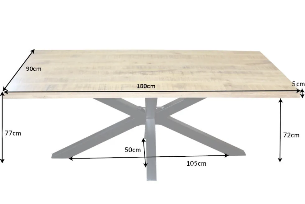 Massiver Industrial Esstisch GALAXIE 180cm Mangoholz sternenförmiges Gestell
