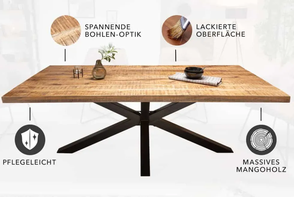 Massiver Industrial Esstisch GALAXIE 200cm Mangoholz sternenförmiges Gestell