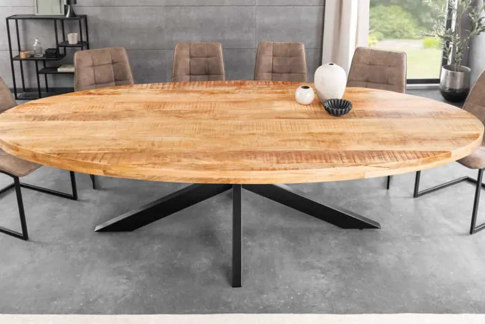Massiver Industrial Esstisch GALAXIE 240cm natur Mangoholz oval Sterngestell