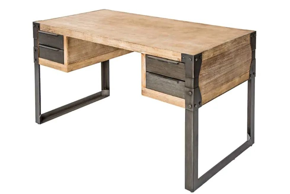 Massiver Industrial Schreibtisch FACTORY 135cm Akazie weiß gekälkt