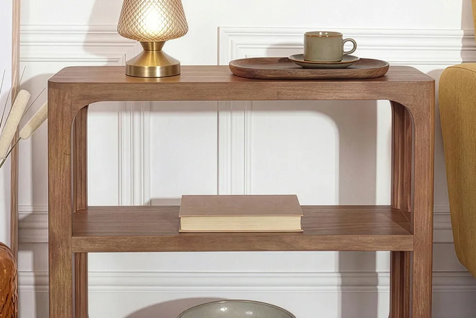 Massiver Konsolentisch ELEMENTS 90cm braun honey finish Mangoholz Regal
