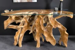 Massiver Konsolentisch ROOT 150cm natur Teak Massivholz aus Wurzelholz Glasplatte