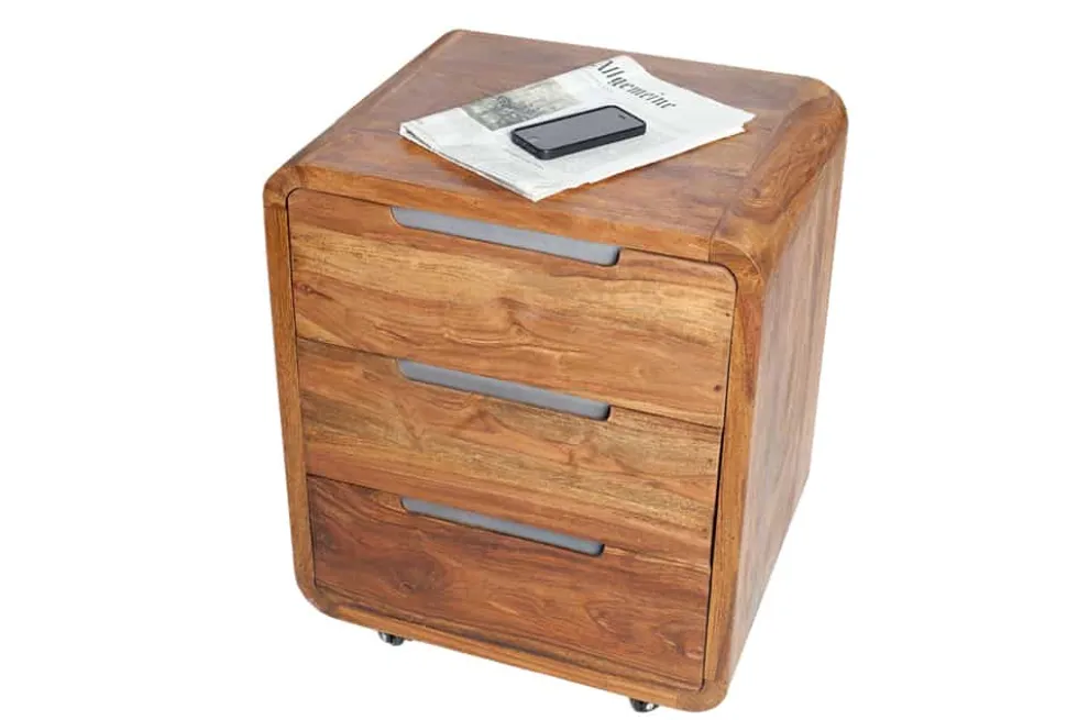 Massiver Rollcontainer CUBUS 60cm braun Sheeshamholz stone finish drei Schubladen