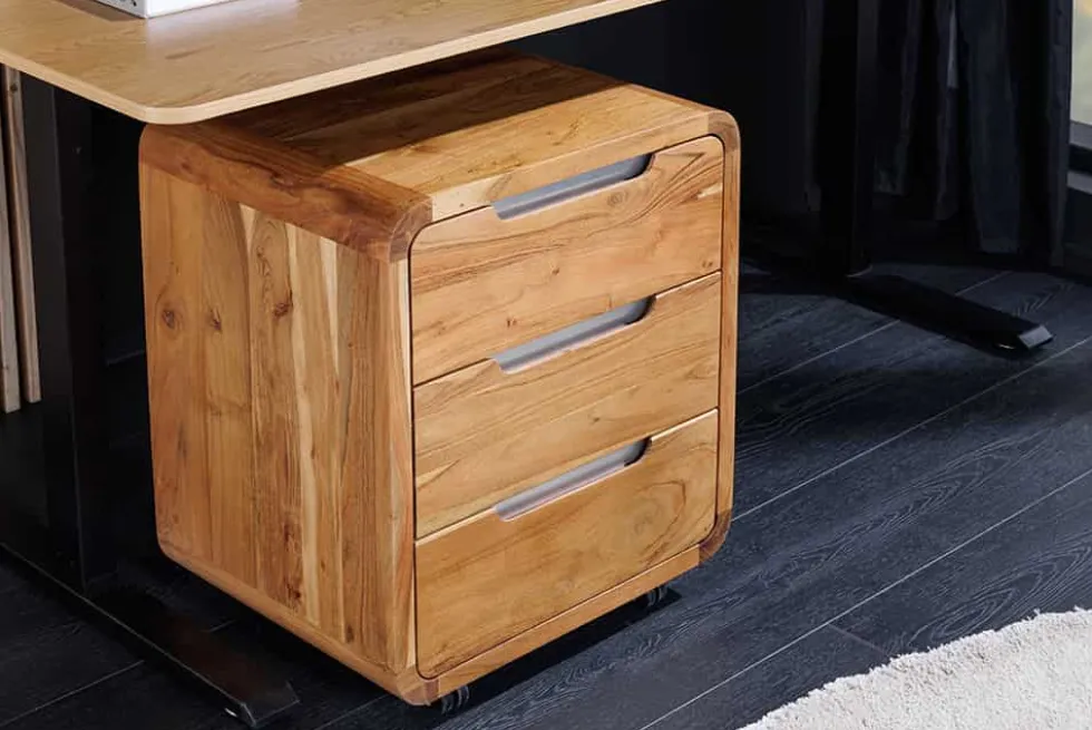 Massiver Rollcontainer CUBUS 60cm braun Akazienholz honey finish drei Schubladen