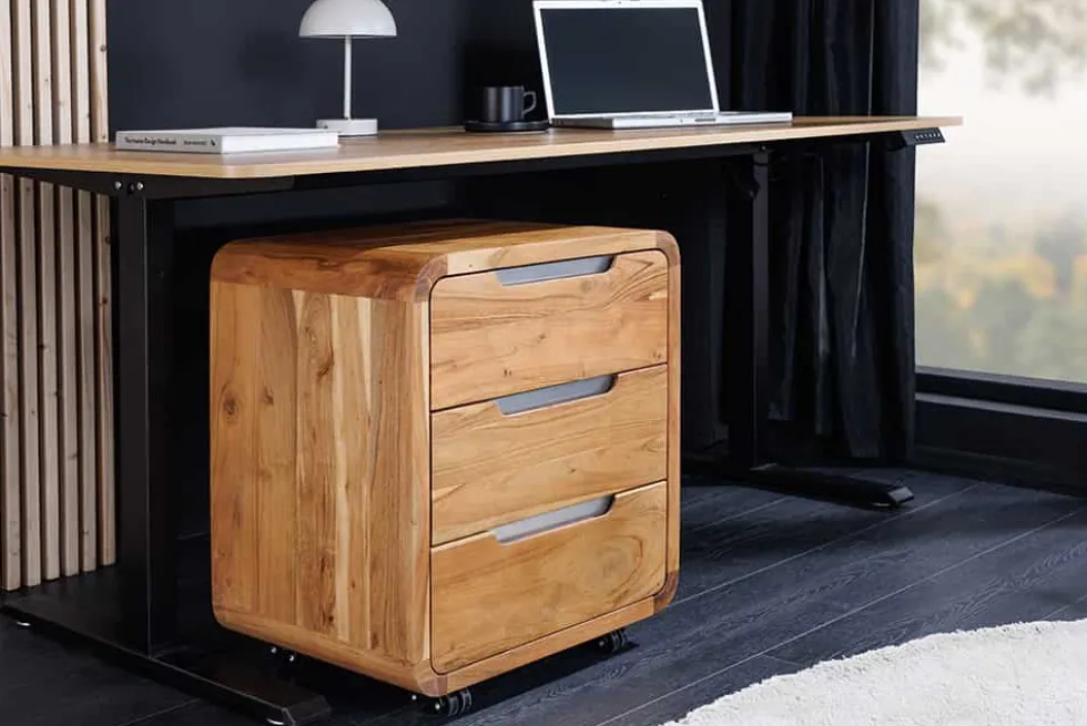 Massiver Rollcontainer CUBUS 60cm braun Akazienholz honey finish drei Schubladen