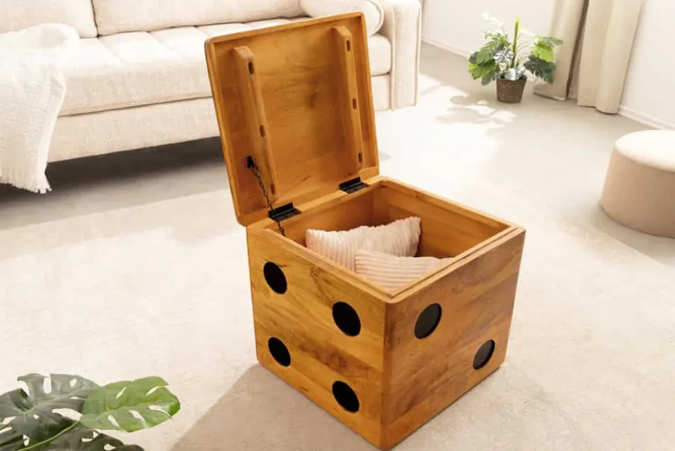 Massiver Würfel-Hocker CUBE 40cm natur Mangoholz Beistelltisch stapelbar mit Fach