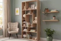 Massives Bücherregal CUBUS 180cm natur Mangoholz cream finish elf Fächer