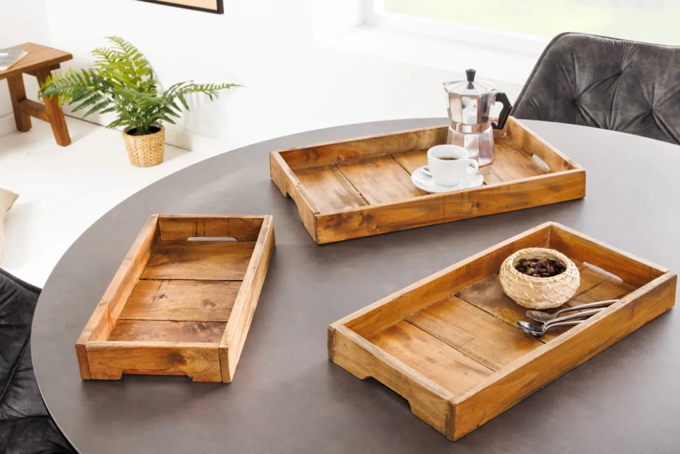Massives 3er Set Tablett HEMINGWAY 45cm recyceltes Mahagoniholz handmade Servierbrett