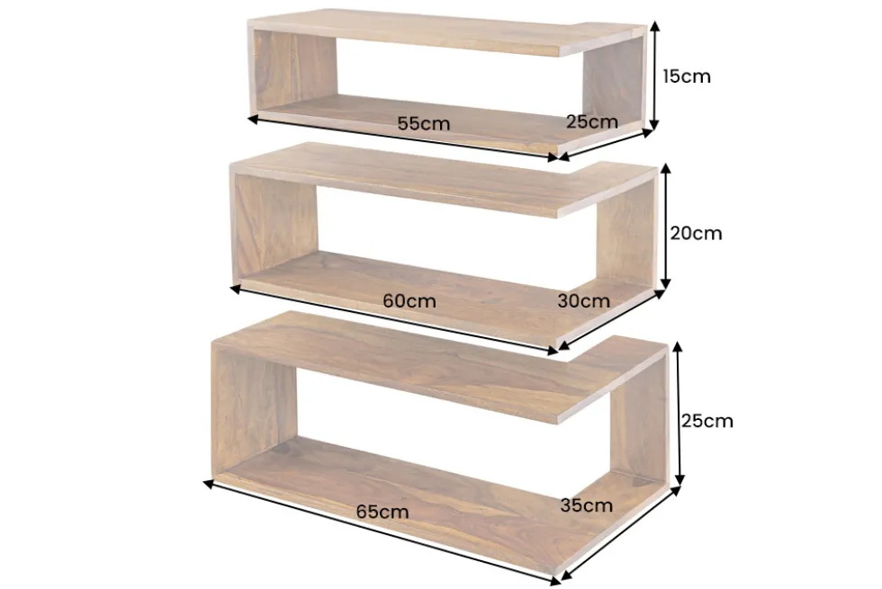 Massives 3er Set Wandregale SURREAL 65cm braun stone finish Außenecke Sheesham