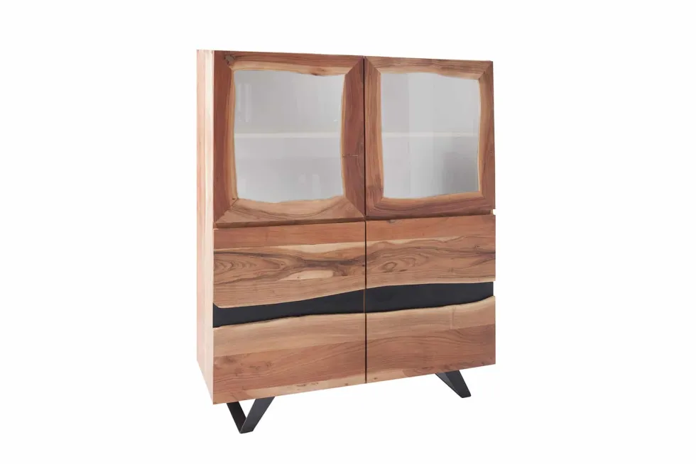 Massives Highboard AMAZONAS 140cm Akazie Metall Vitrine Baumkante