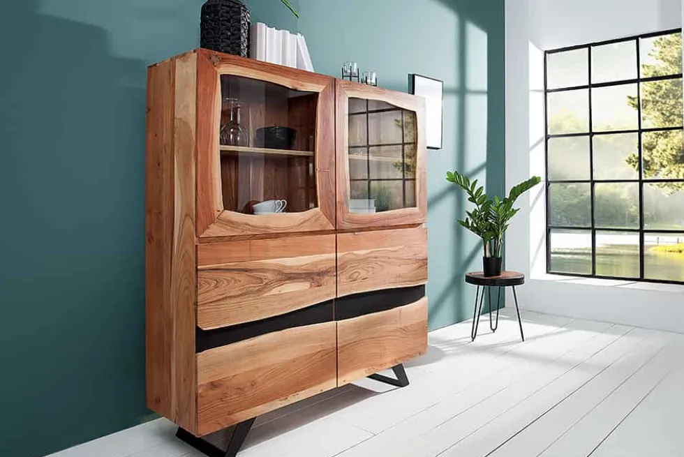 Massives Highboard AMAZONAS 140cm Akazie Metall Vitrine Baumkante