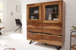 Massives Highboard AMAZONAS 140cm braun Sheeshamholz Vitrine mit Baumkante