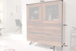 Massives Highboard AMAZONAS 140cm braun Sheeshamholz Vitrine mit Baumkante