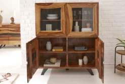 Massives Highboard AMAZONAS 140cm braun Sheeshamholz Vitrine mit Baumkante
